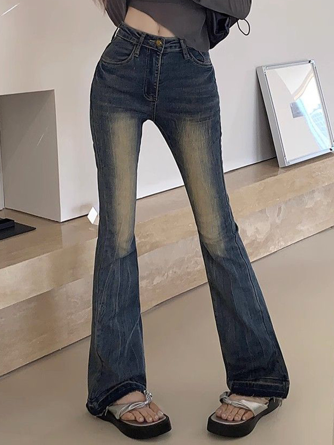 Faded lines casual high waist women's jeans main image 1