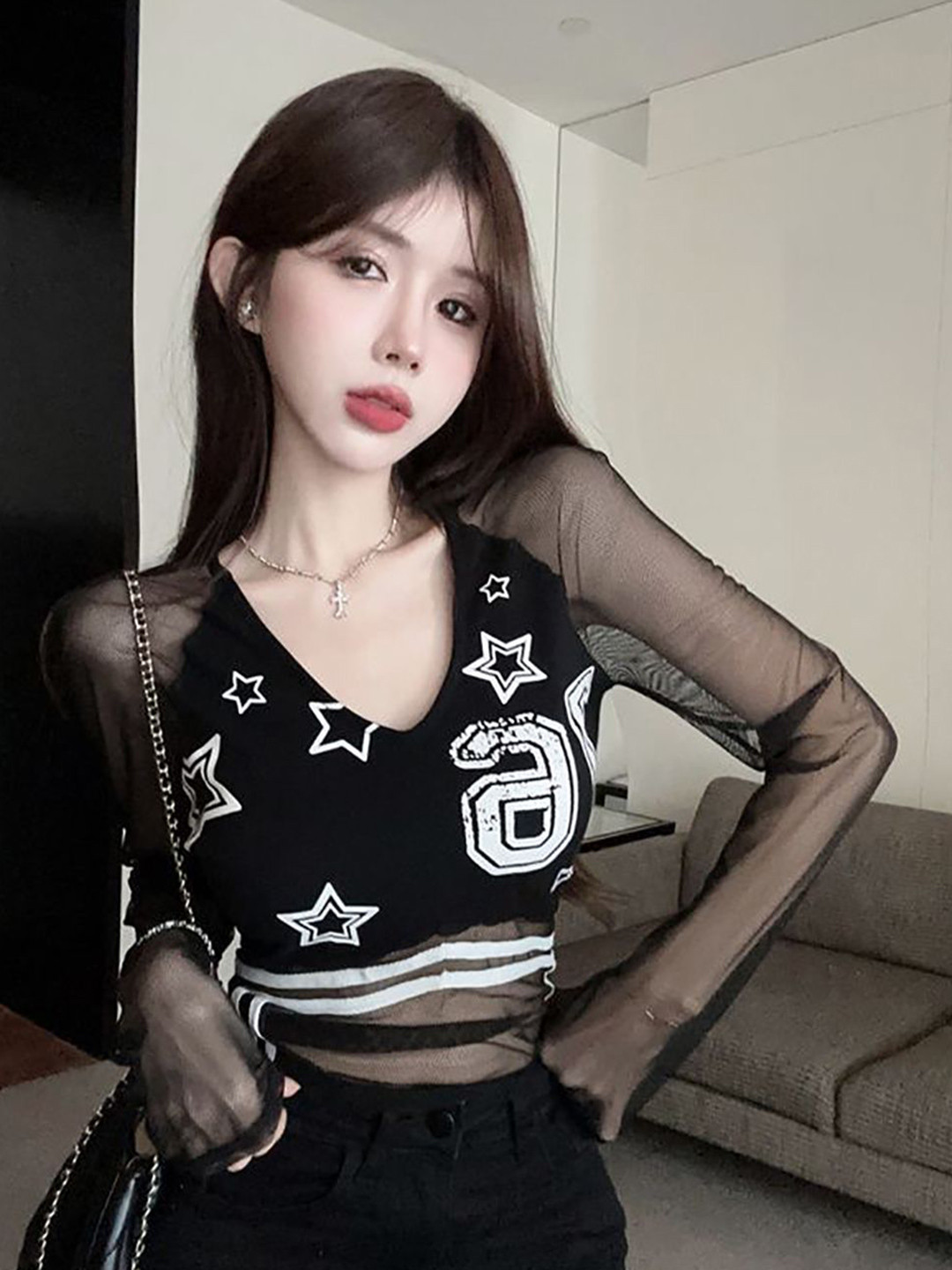 Buy StyleCast X Revolte Women V Neck Extended Sleeves Net Top - Tops ...