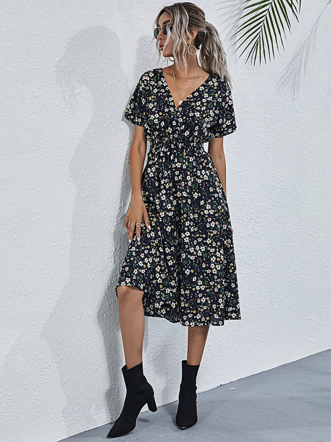 Women Black Floral Printed Shirt Collar Cotton Fit And Flare Dress main image 0