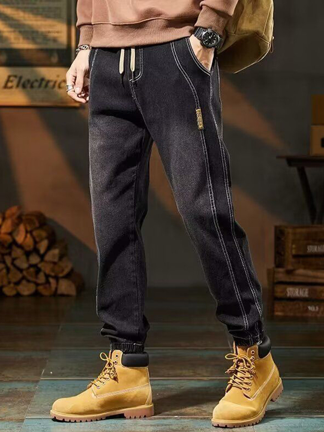 Street Style Men Jogger Pants - Mid Rise Adjustable Waist