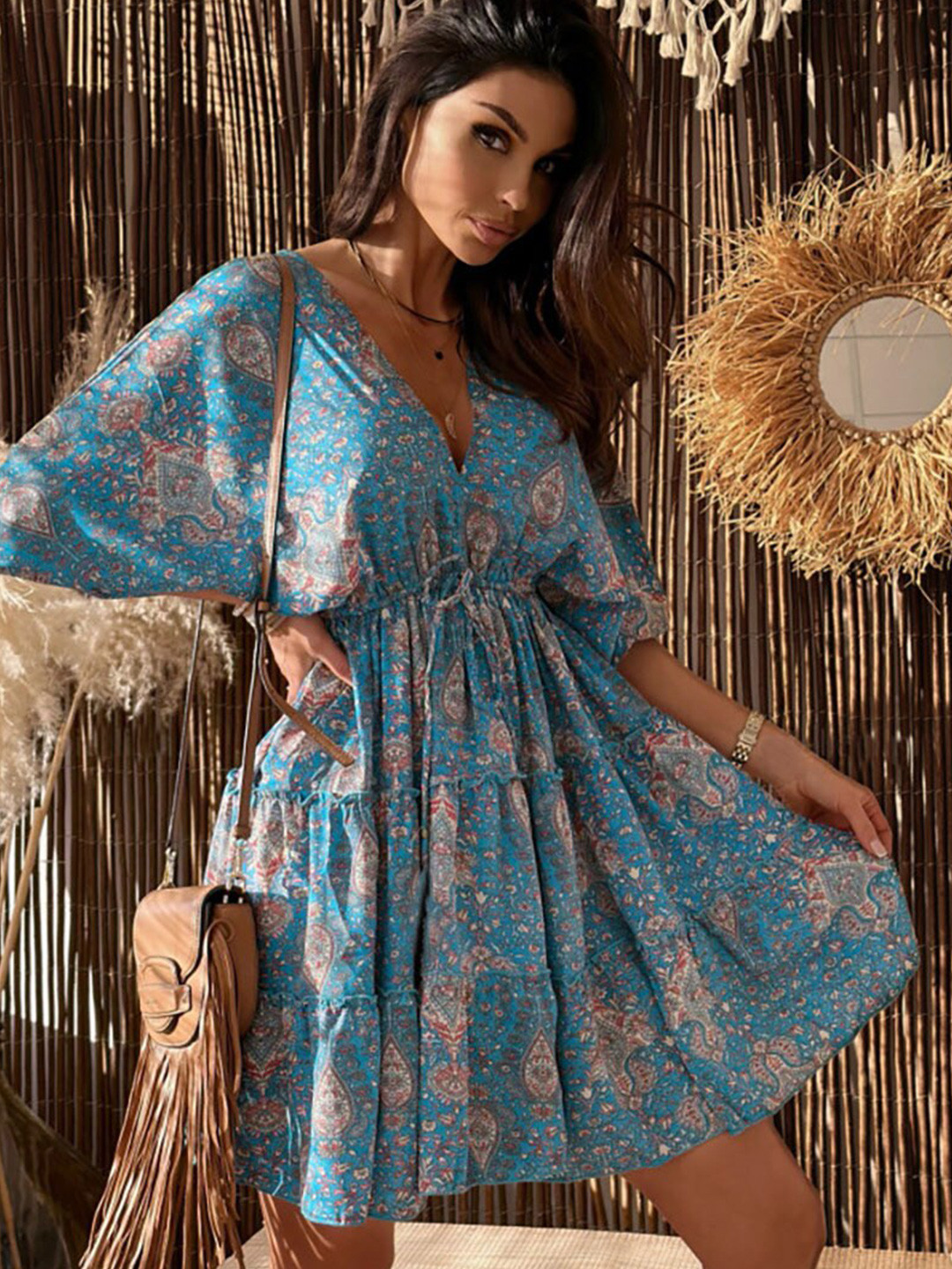 Women'S Blue Floral Print Fit And Flare Dress main image 0