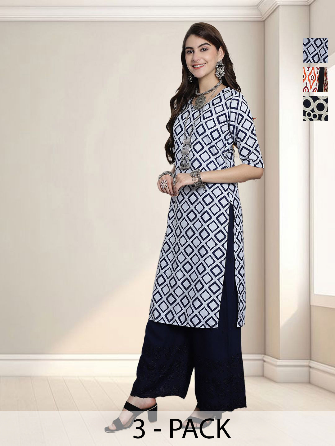 Women White Calf Length Three-Quarter Sleeves Straight Ethnic Motifs Printed Cotton Kurta main image 0