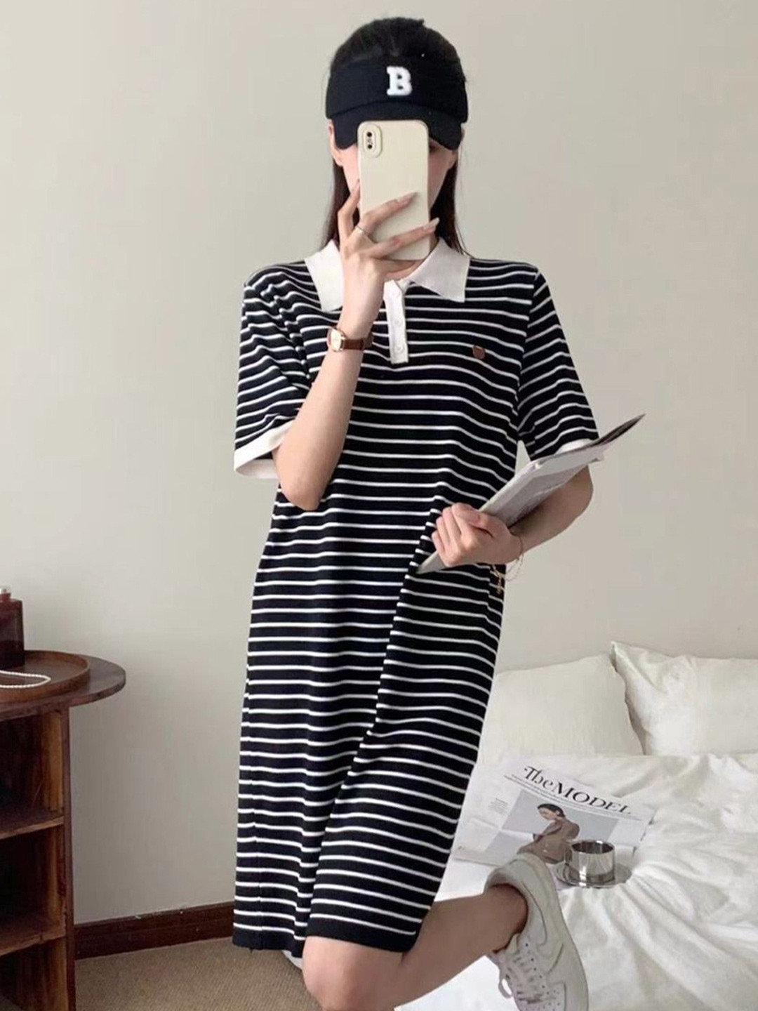 Women Black Shirt Collar Printed Dress