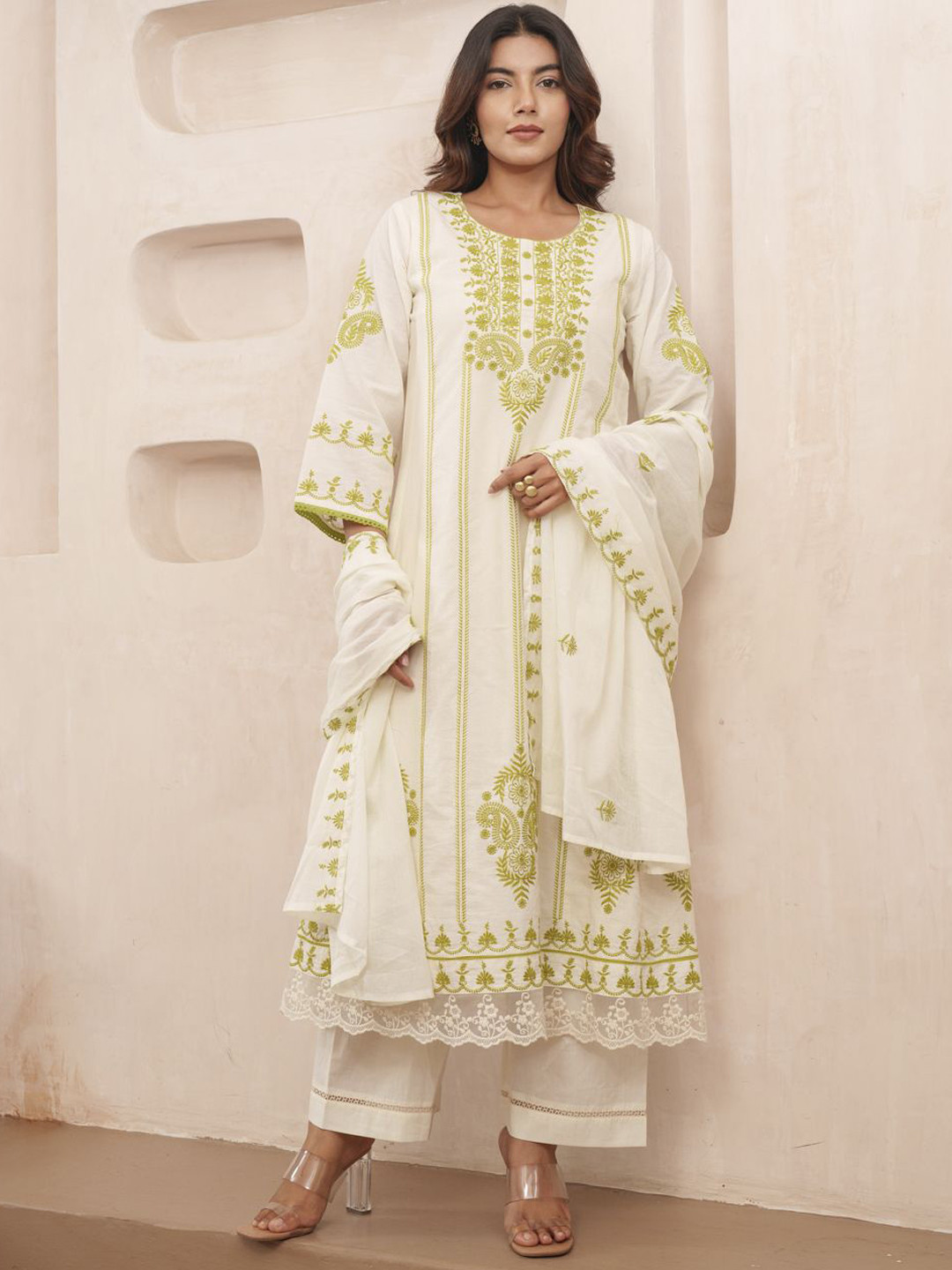 Women Mustard Embroidered Straight Kurta Trousers With Dupatta Set