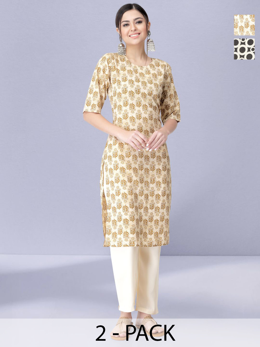 WomenPink Crepe Printed Round Neck Kurta Sets