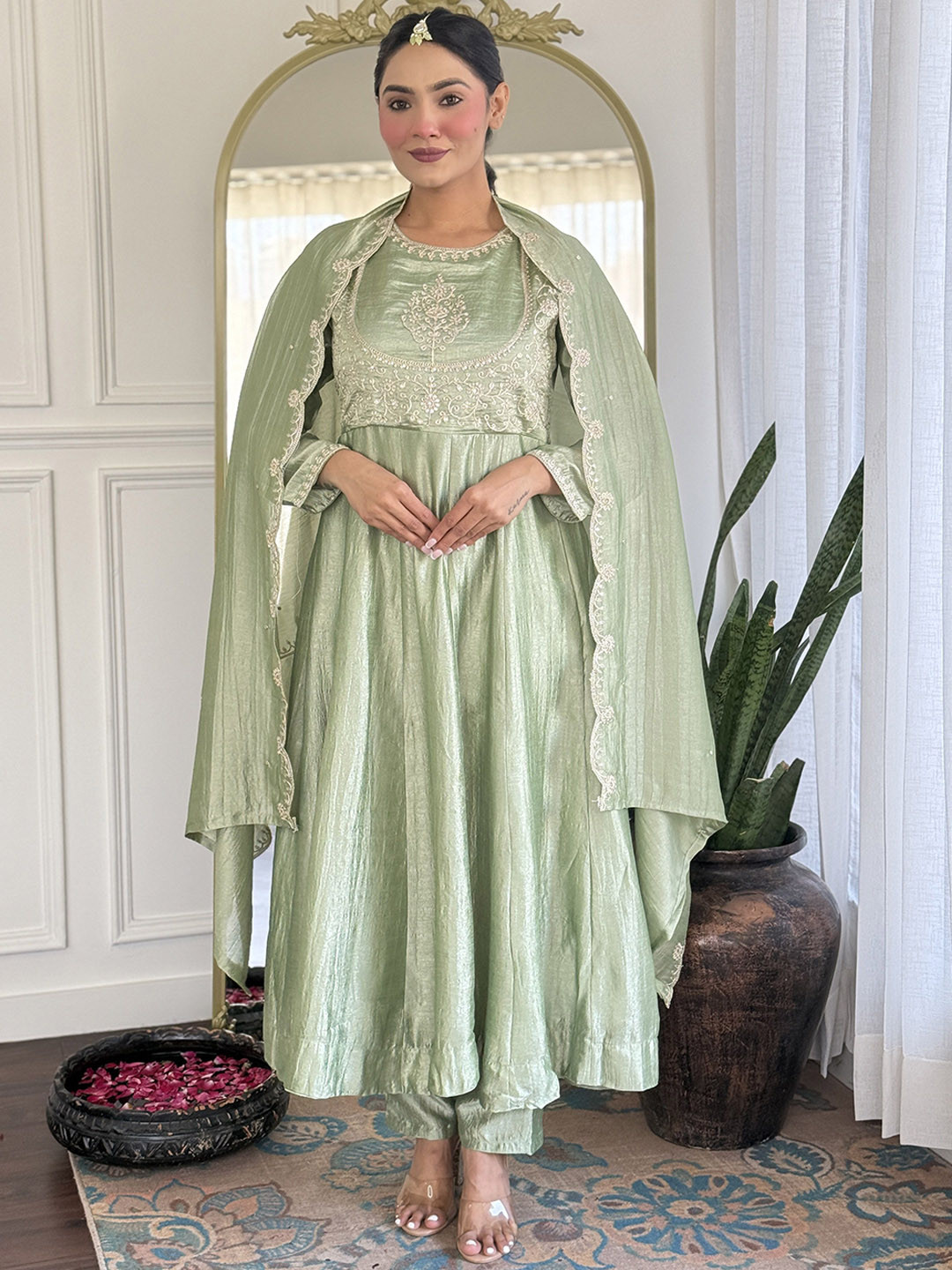 Amyra Dastur Rust Floral Embroidered Empire Thread Work Anarkali Kurta with Trousers & Dupatta