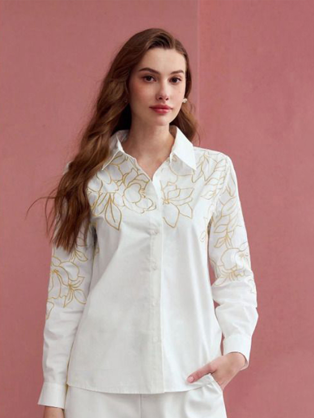 Women Regular Fit Self Design Button Down Collar Casual Shirt main image 0
