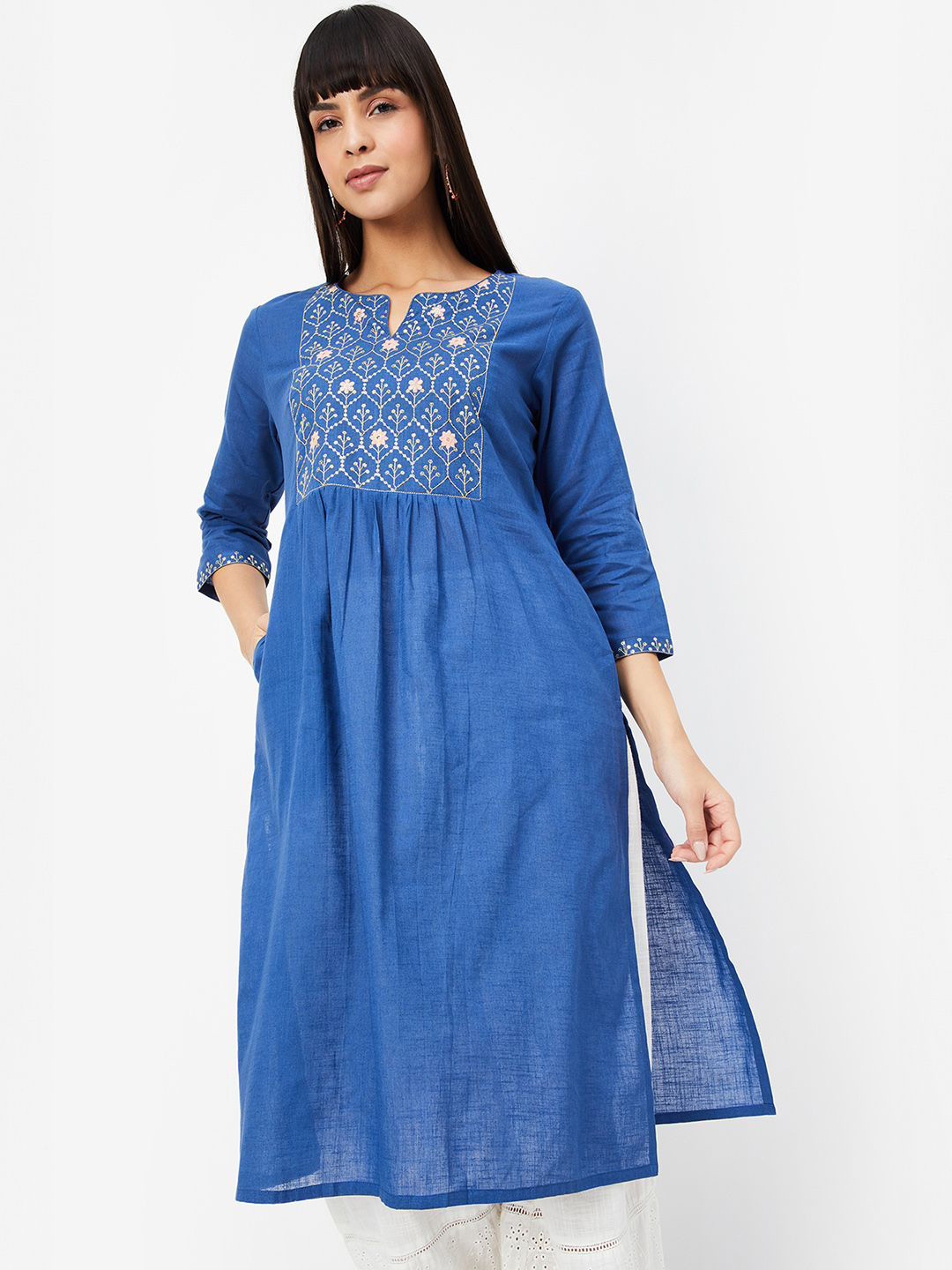 Women Metallic Blue Calf Length Three-Quarter Sleeves A-Line Ethnic Motifs Printed Cotton Kurta