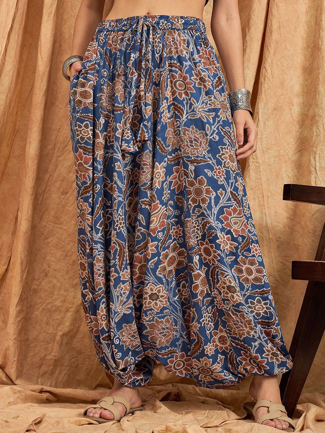 Cotton Casual Wave And Floral Pattern Women's Elastic Waist Harem Pants