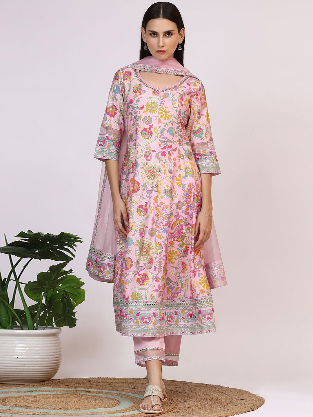 Women Burgundy Printed Anarkali Kurta Trousers With Dupatta Set