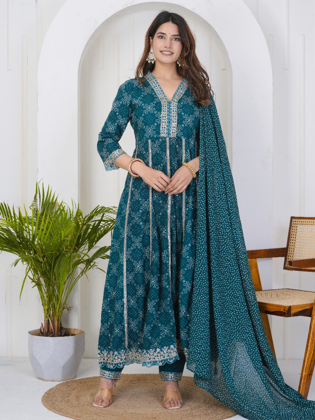 Bandhani Printed Anarakli Thread Work Kurta With Trousers & Dupatta