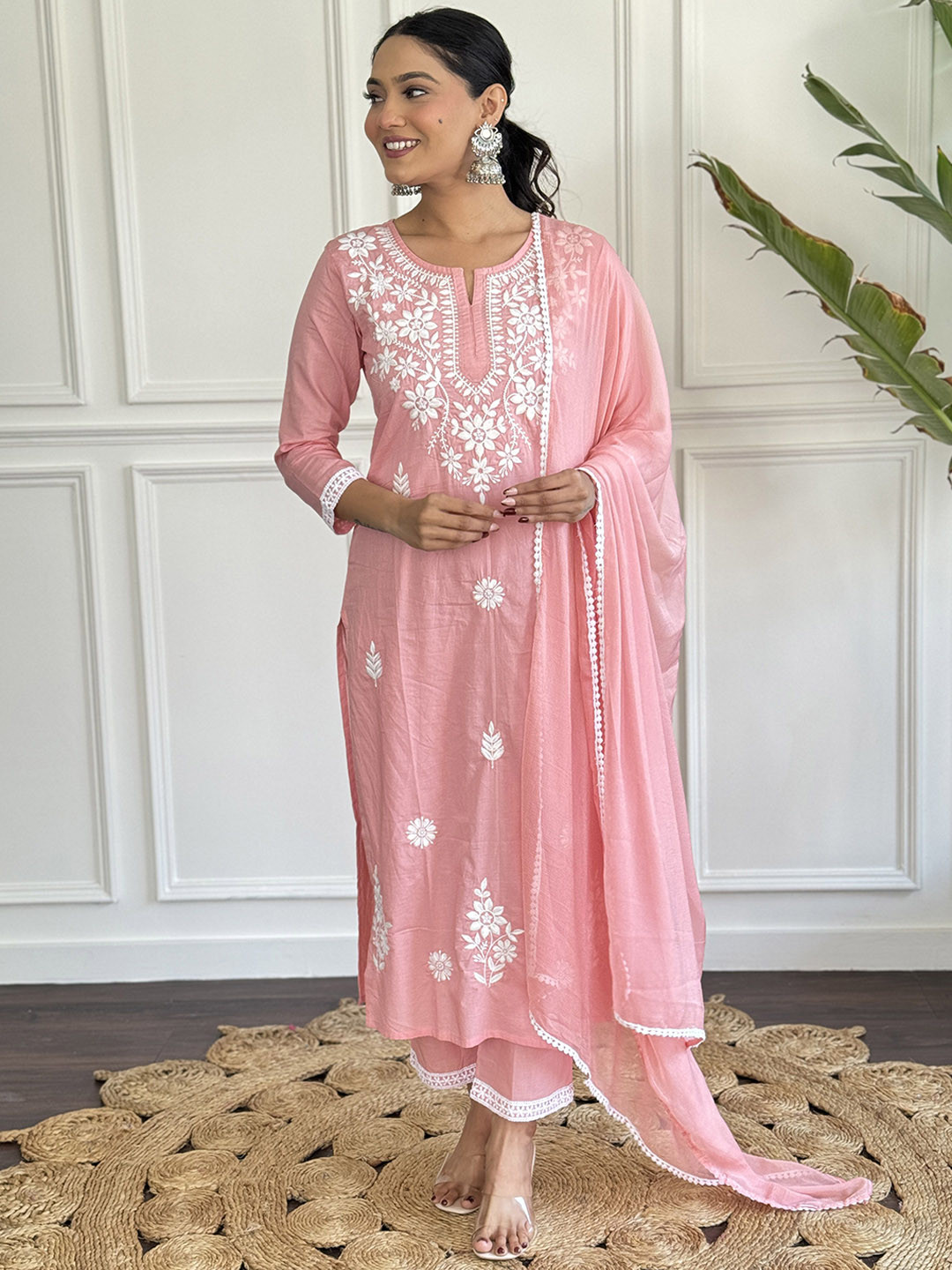 Floral Printed Panelled Chikankari Kurta With Trousers & Dupatta