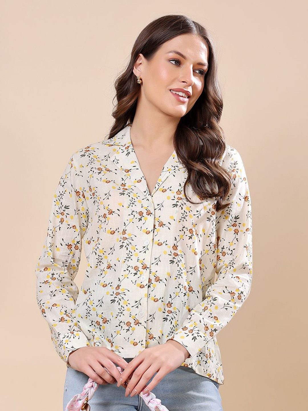 Women's Yellow Contemporary Slim Fit Floral Semi Sheer Printed Casual Shirt