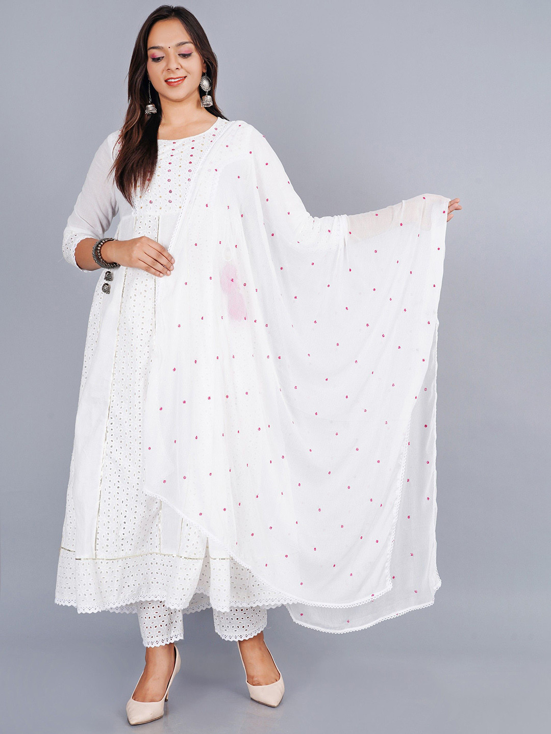 Women'S Red Floral Anarkali Cotton Kurta Pant Set With Dupatta