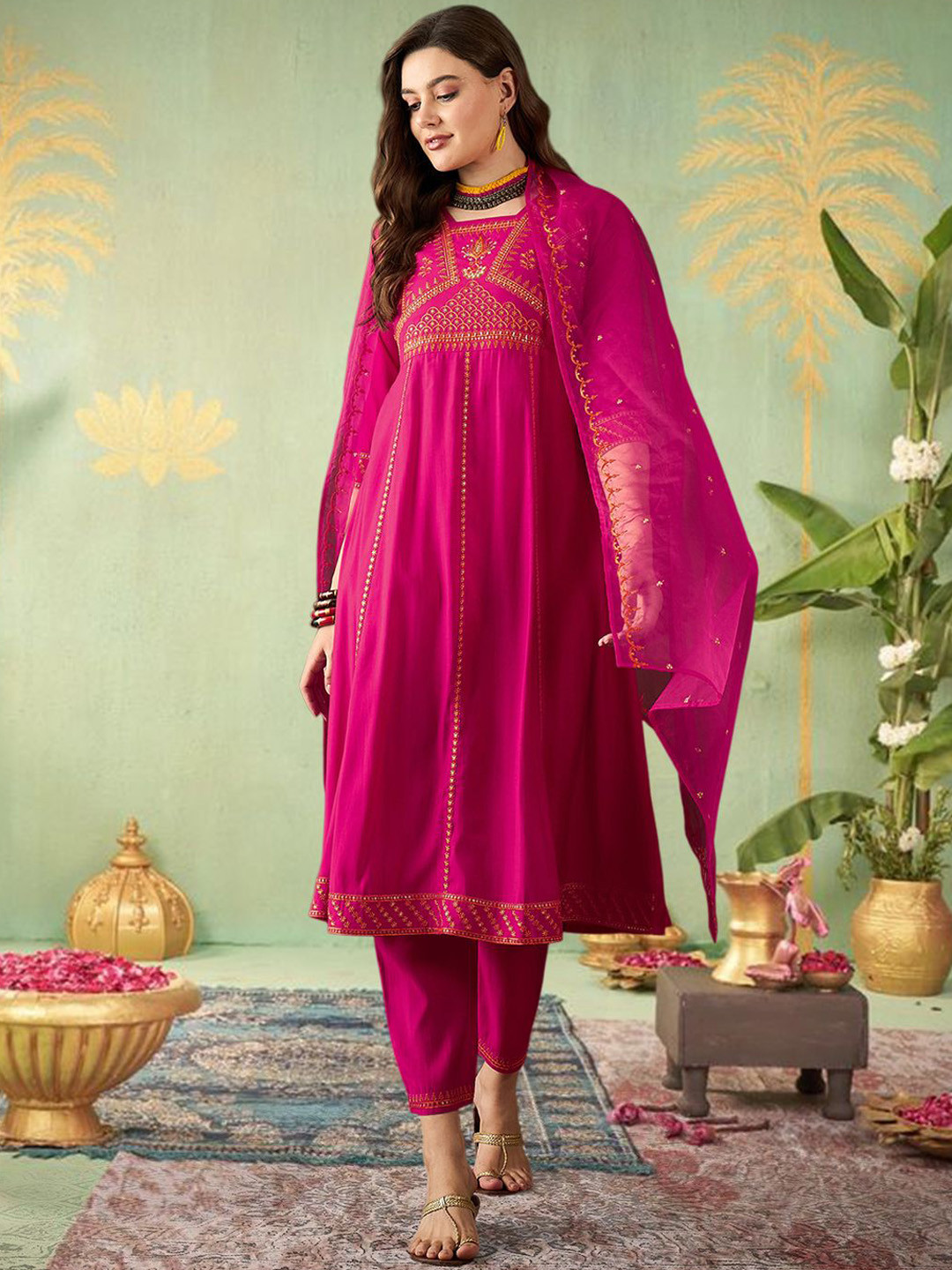 Plus Size Floral Embroidered Yoke Design Sequinned Anarkali Kurta With Dupatta