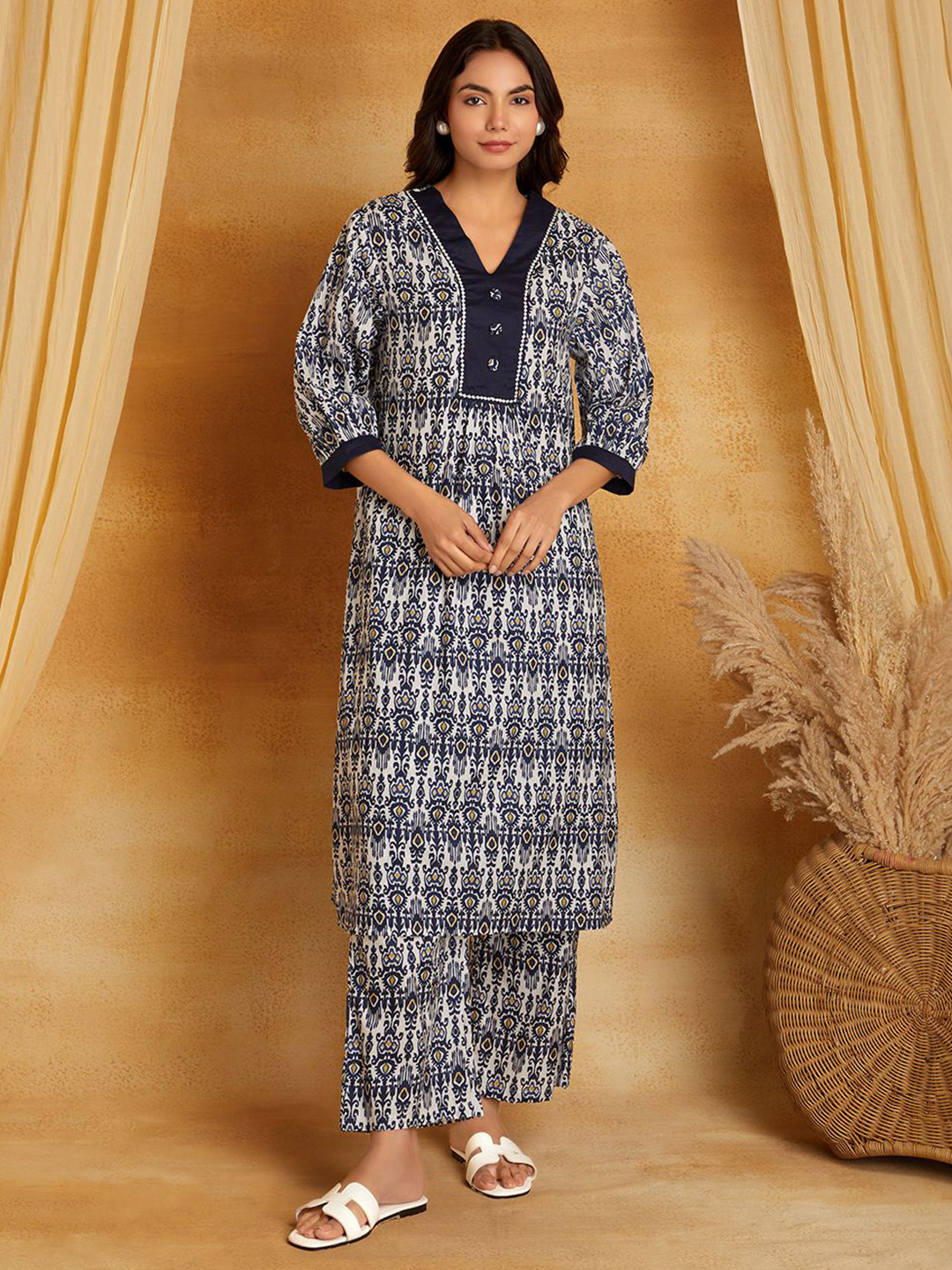 PRINTED SHIRT COLLAR PURE COTTON TUNIC WITH TROUSERS