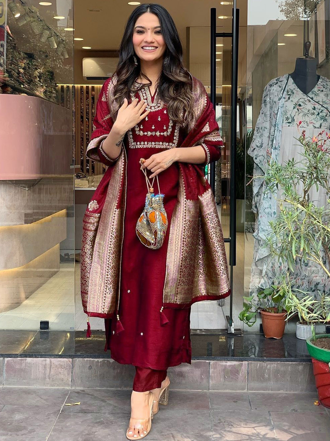 Women Women ethnic Embroidery pure cotton kurta with trouser & dupatta main image 0