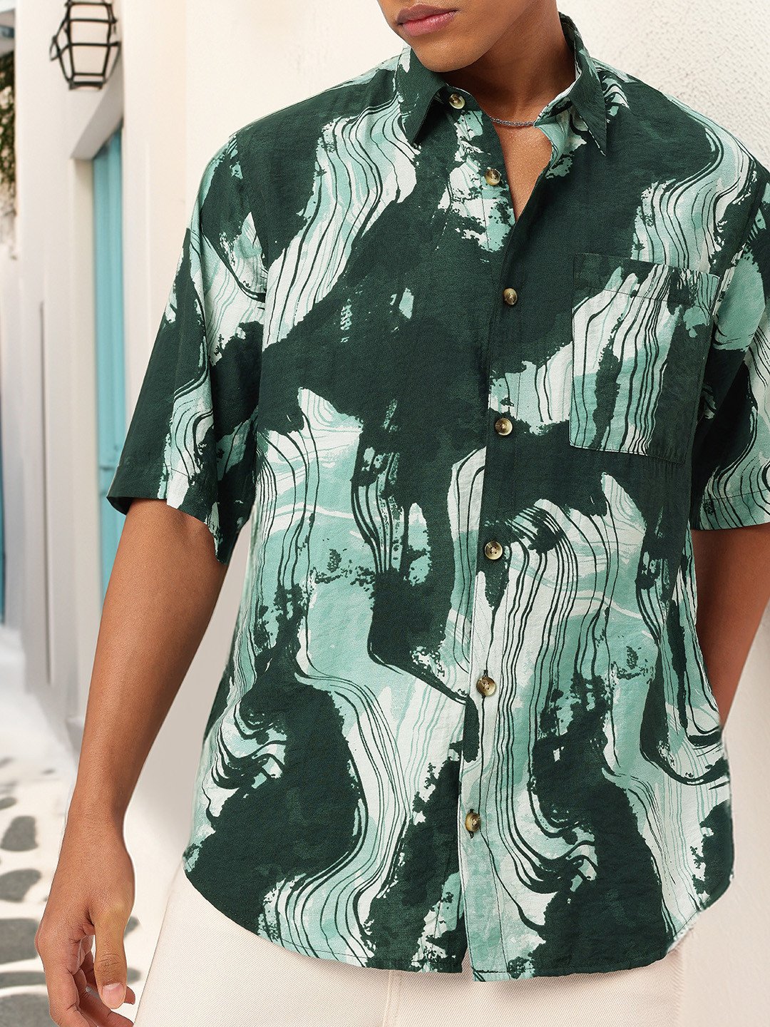 Buy Kook N Keech Vancanza Jadeite Abstract Printed Relaxed Fit Shirt