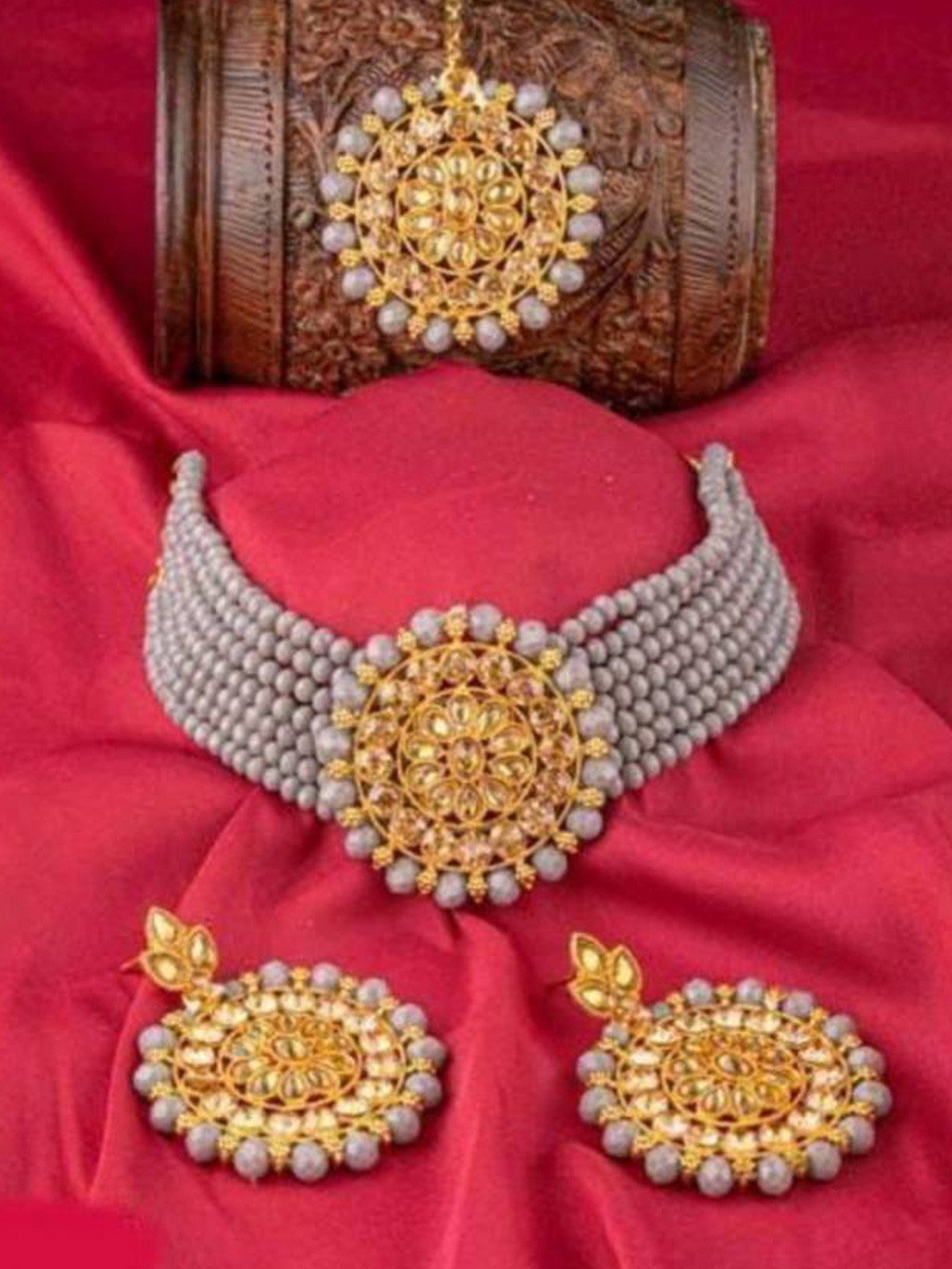 18k Gold-Plated Pink Kundan-Studded & Beaded Jewellery Set
