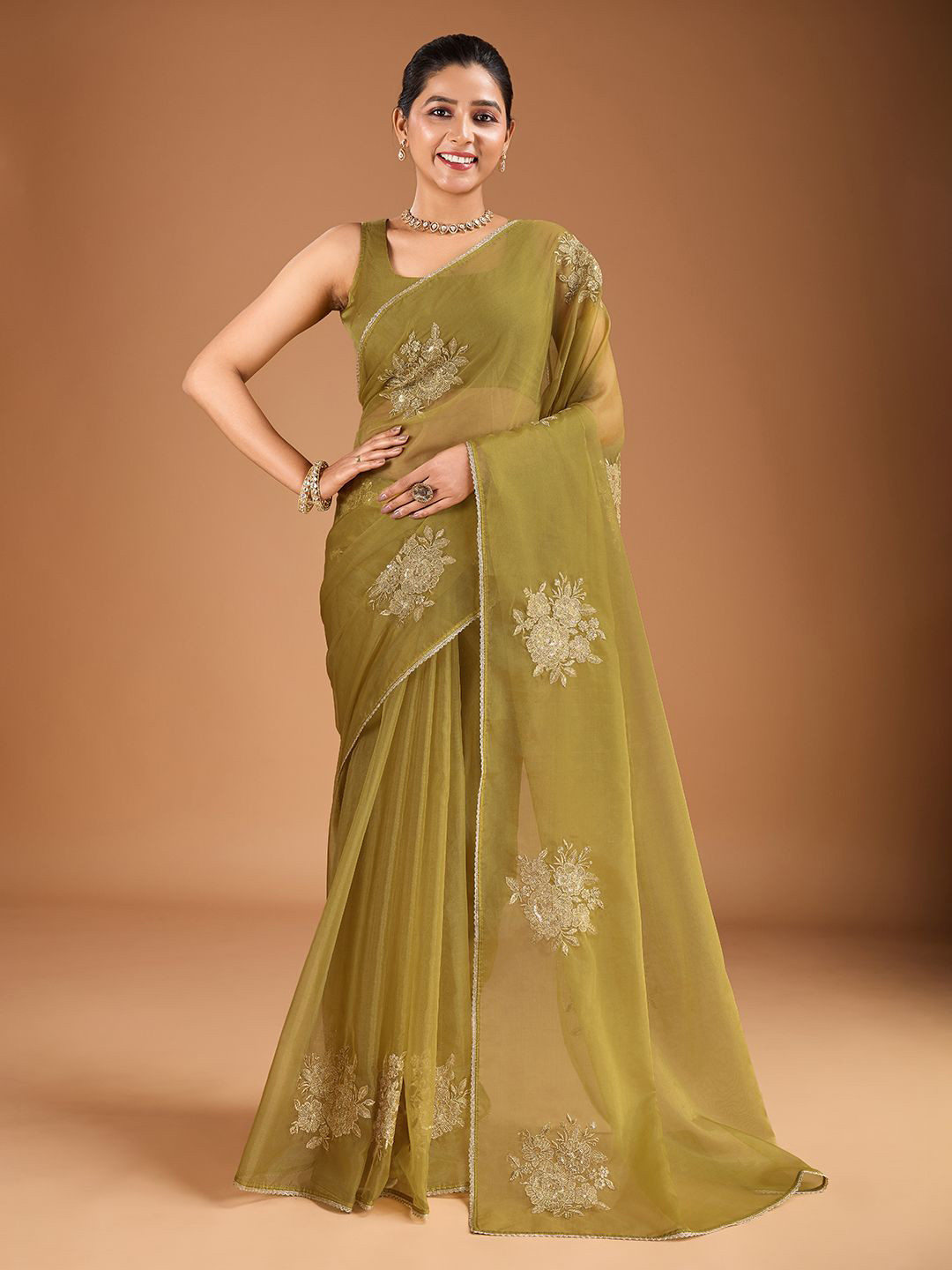 Floral Zari and Sequinned Embroidered Pleated A-Line Ethnic Dress