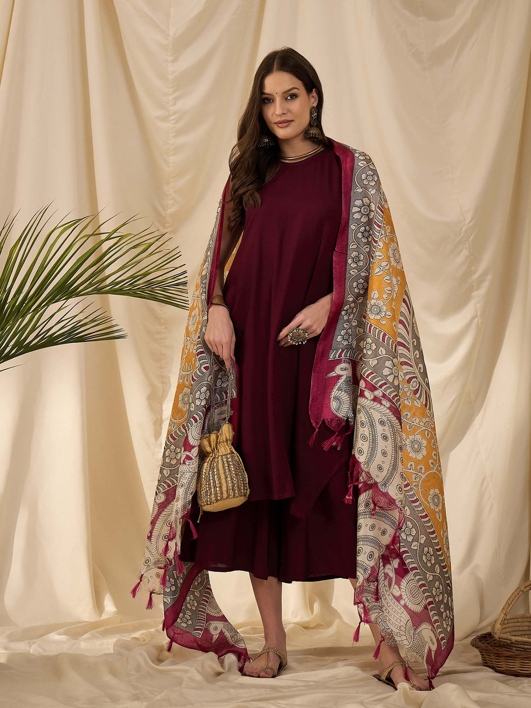 Women Solid Kurta with Palazzos & Dupatta
