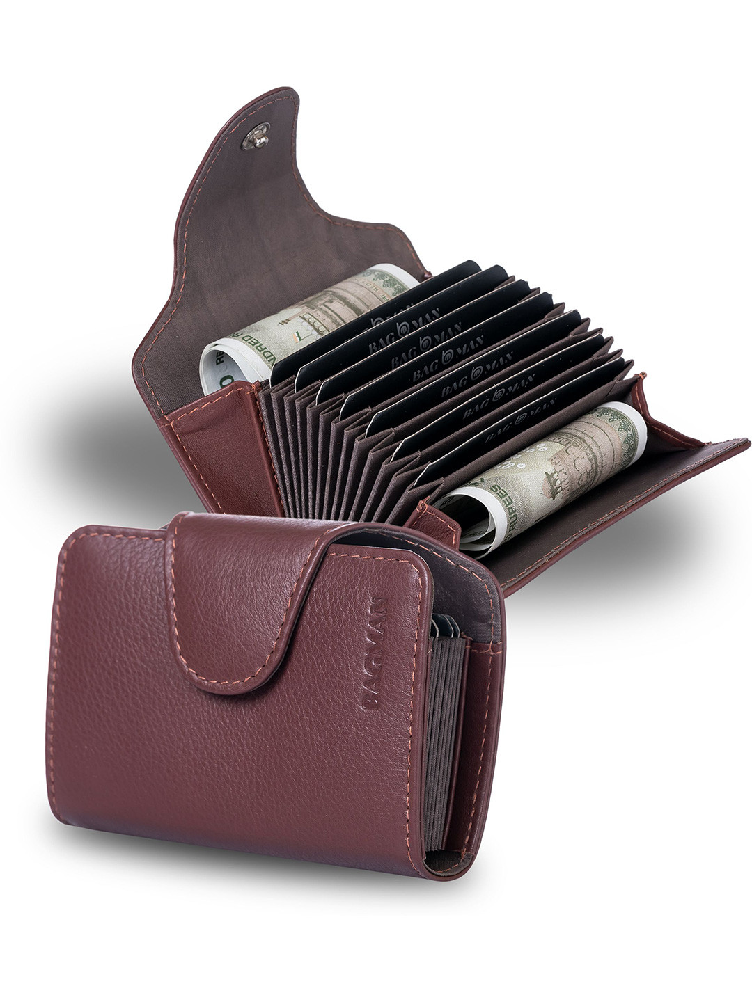 BAGMAN Leather Wallet For Men - RFID Blocking Bi-Fold, Genuine Leather, Multiple Card Slots & Compartments (Red Wood) 3 thumbnail image