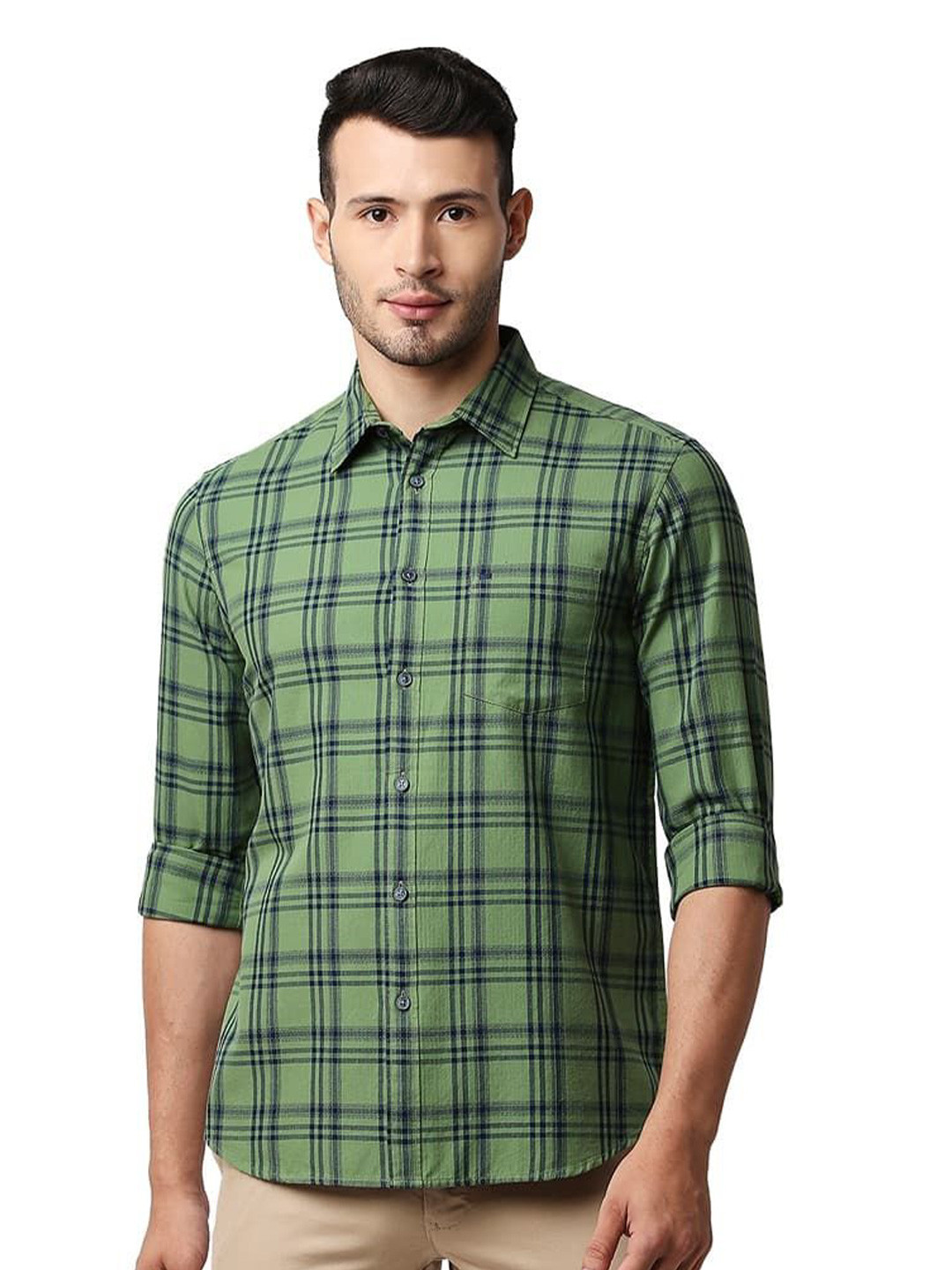 Men's Navy Blue Comfort Slim Fit Spread Collar Tartan Checked Cotton Casual Shirt