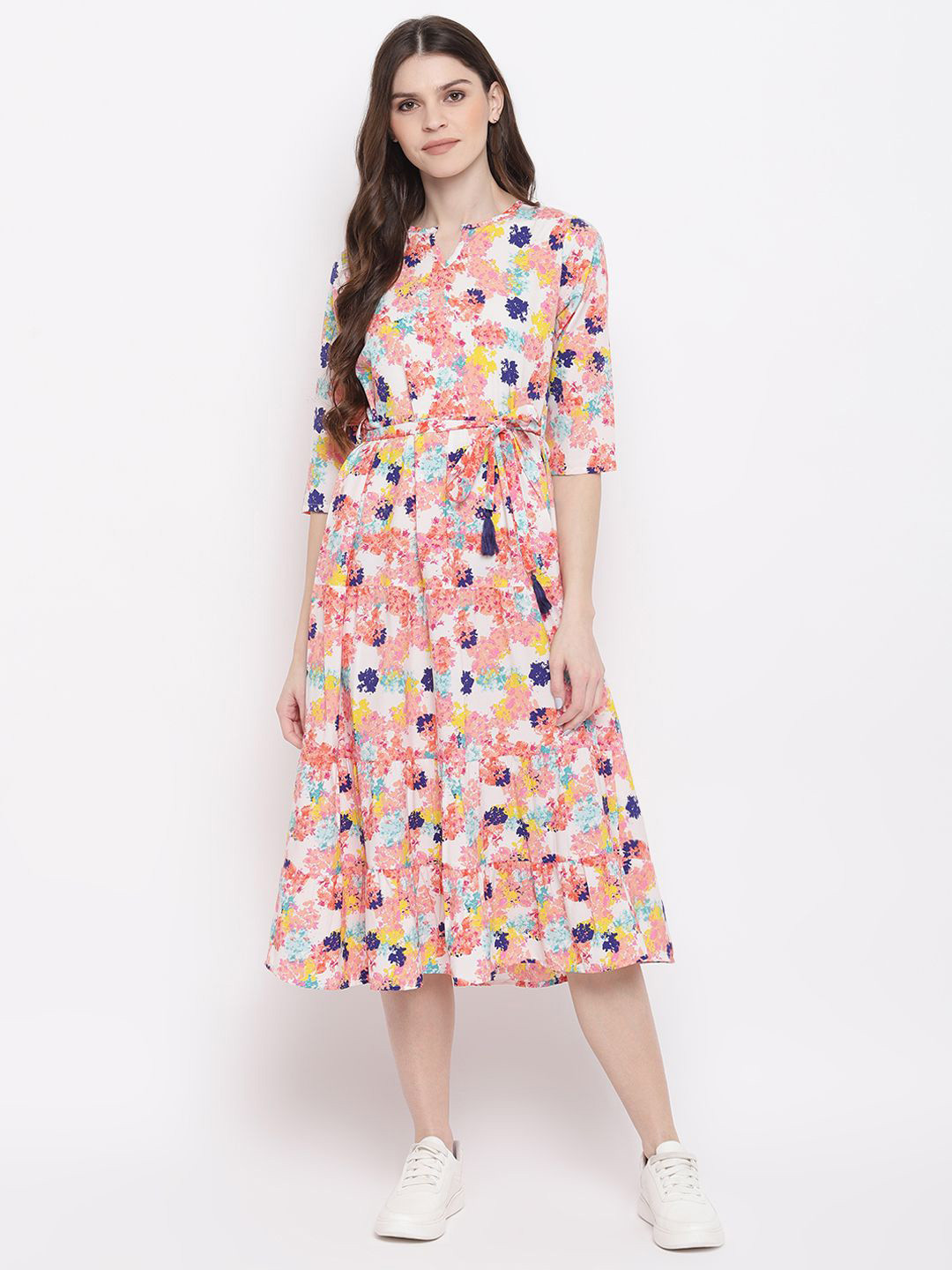 Women's Grey Floral Crepe Midi Dress