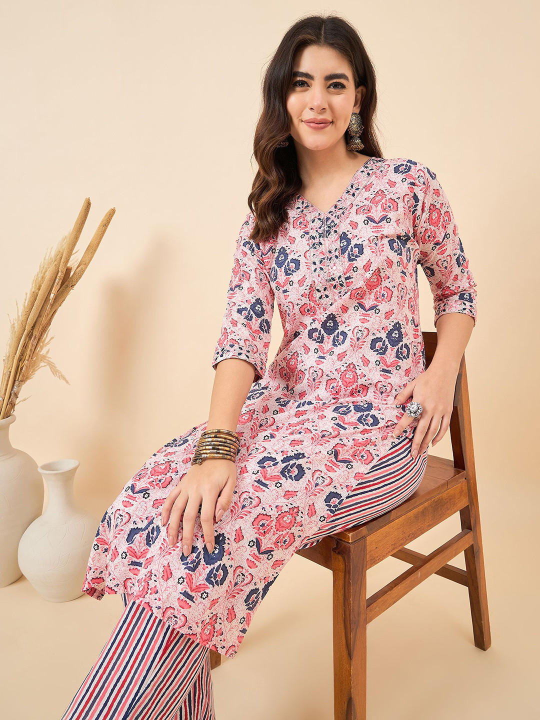 Pink Floral Printed Aliacut Kurta With Pant