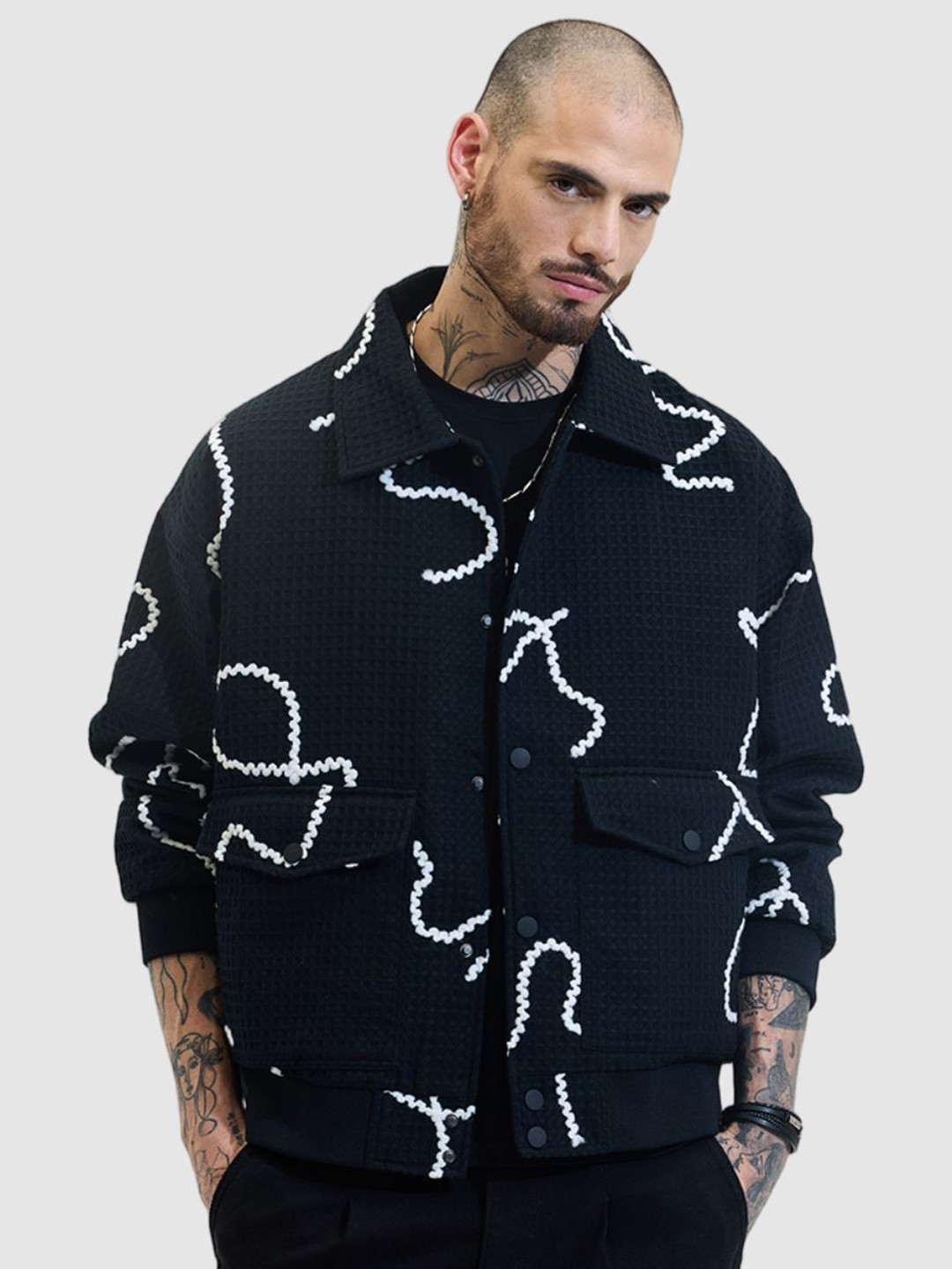 Men's Black Spread Collar Checked Shacket