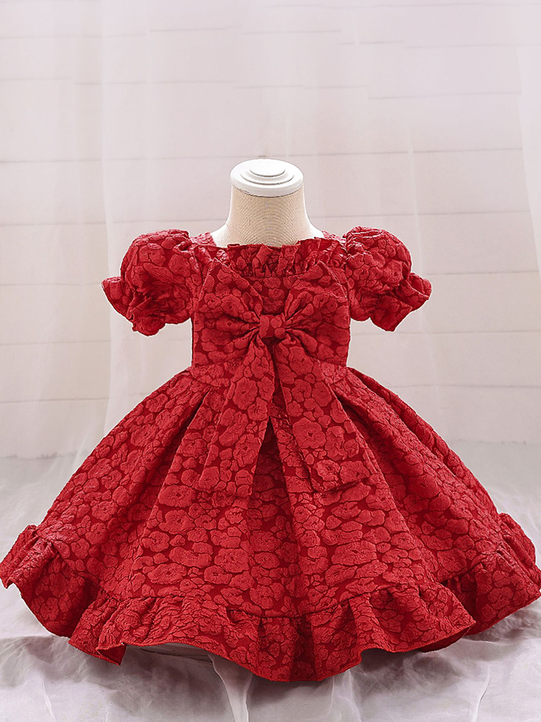 Buy LULU & SKY Girl Floral Self Design Puff Sleeve Cherry Red Fit ...