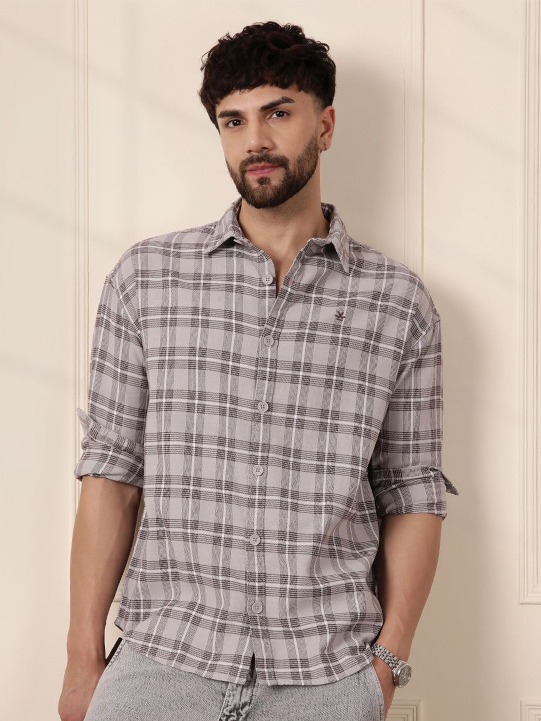 Men's Brown Standard Slim Fit Tartan Checked Spread Collar Long Sleeves Cotton Casual Shirt
