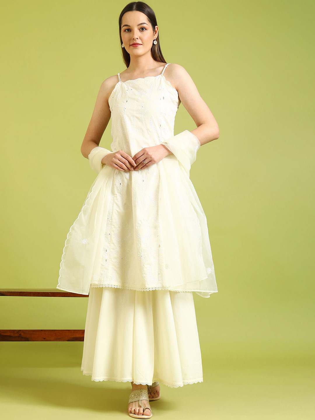 Women Striped Sweetheart Neck Sequined Tie-Up Straight Kurta with Sharara & Dupatta