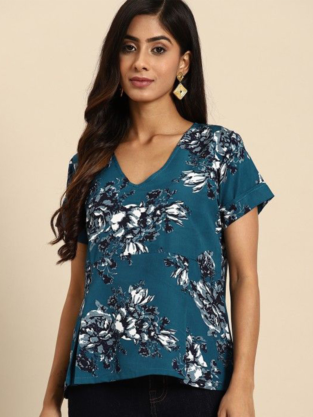 Women's Taupe Floral Print Crepe Top