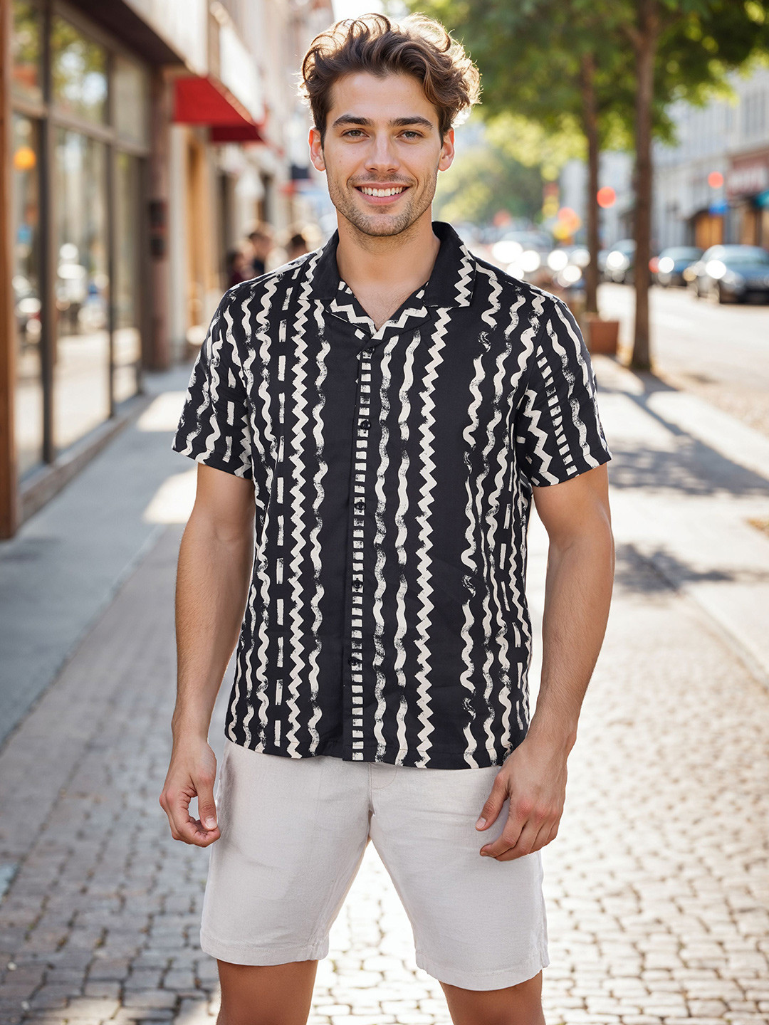 Men's Green Comfort Cuban Collar Vertical Striped Cotton Relaxed Fit Casual Shirt