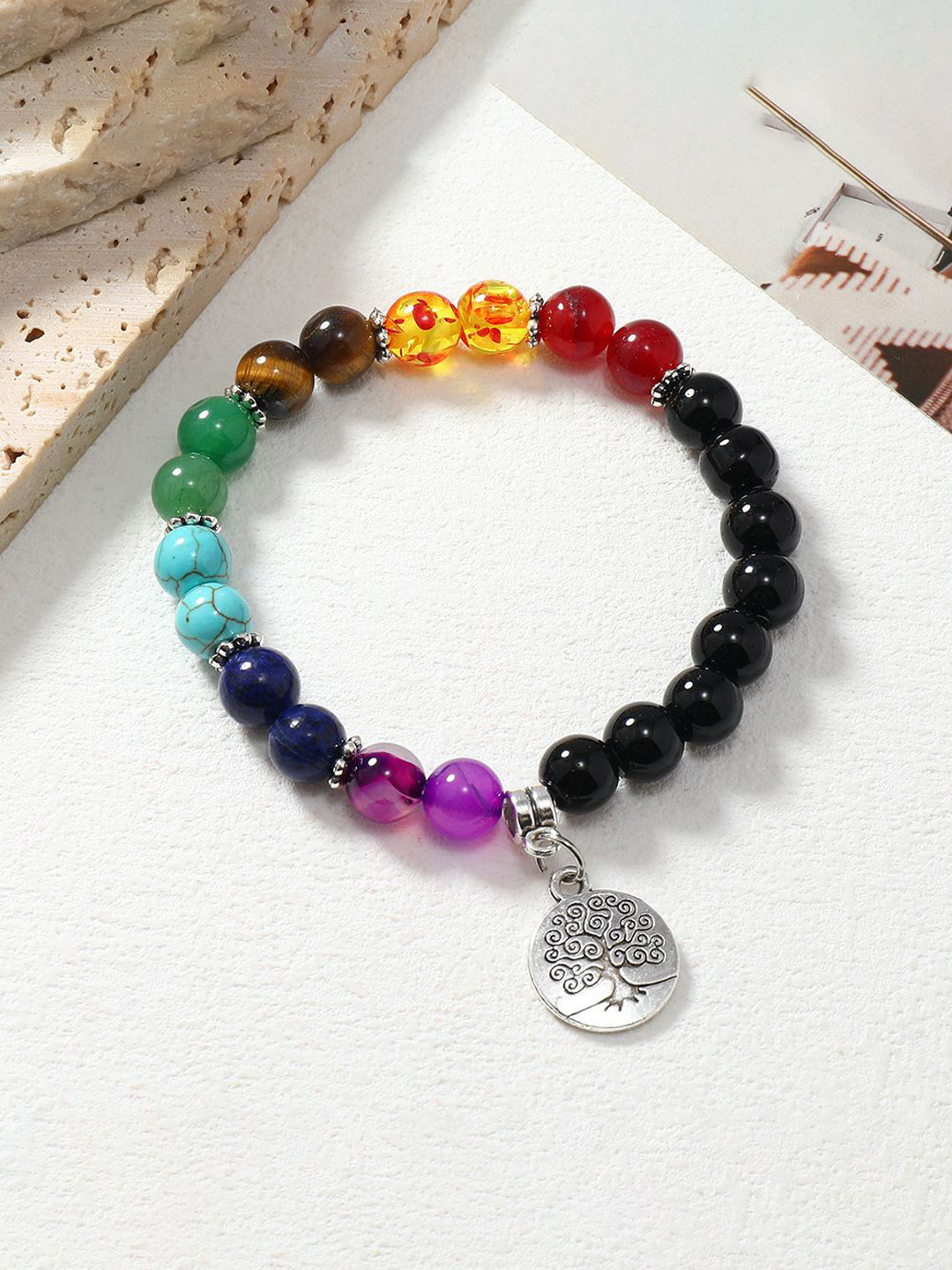 Buy DIVASTRI Gold Plated Beaded Stainless Steel Elasticated Bracelet ...
