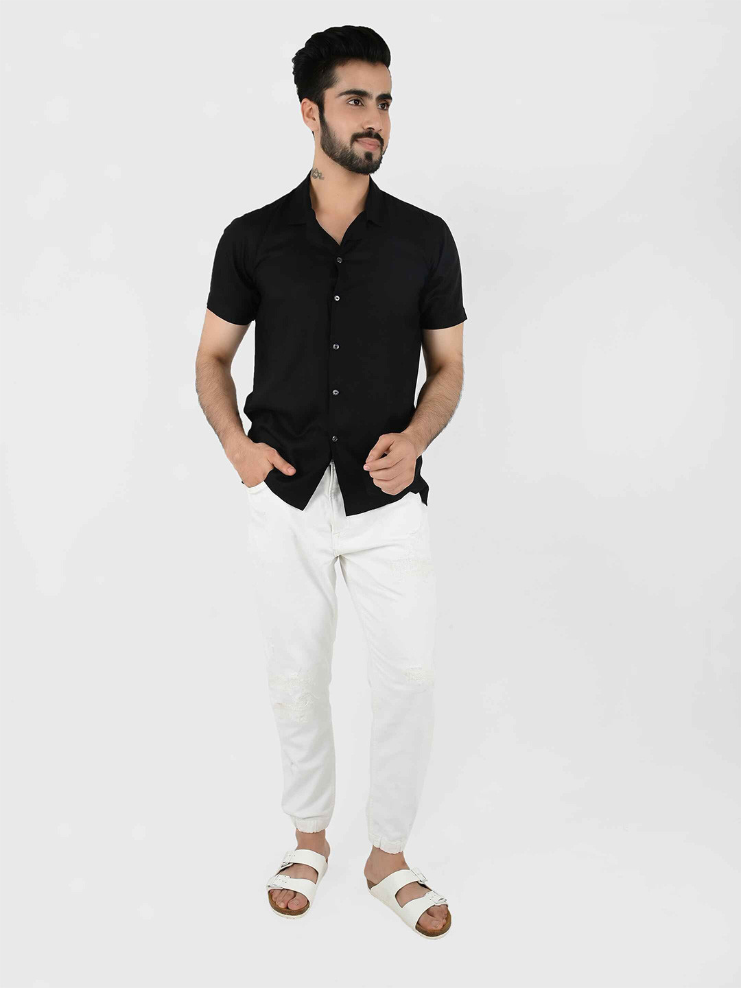 Men's Blue Cuban Collar Solid Relaxed Fit Shirt main image 0