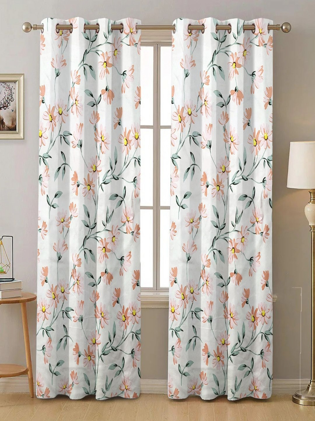 Buy ANA White & Pink Set Of 2 Floral Room Darkening Door Curtain ...