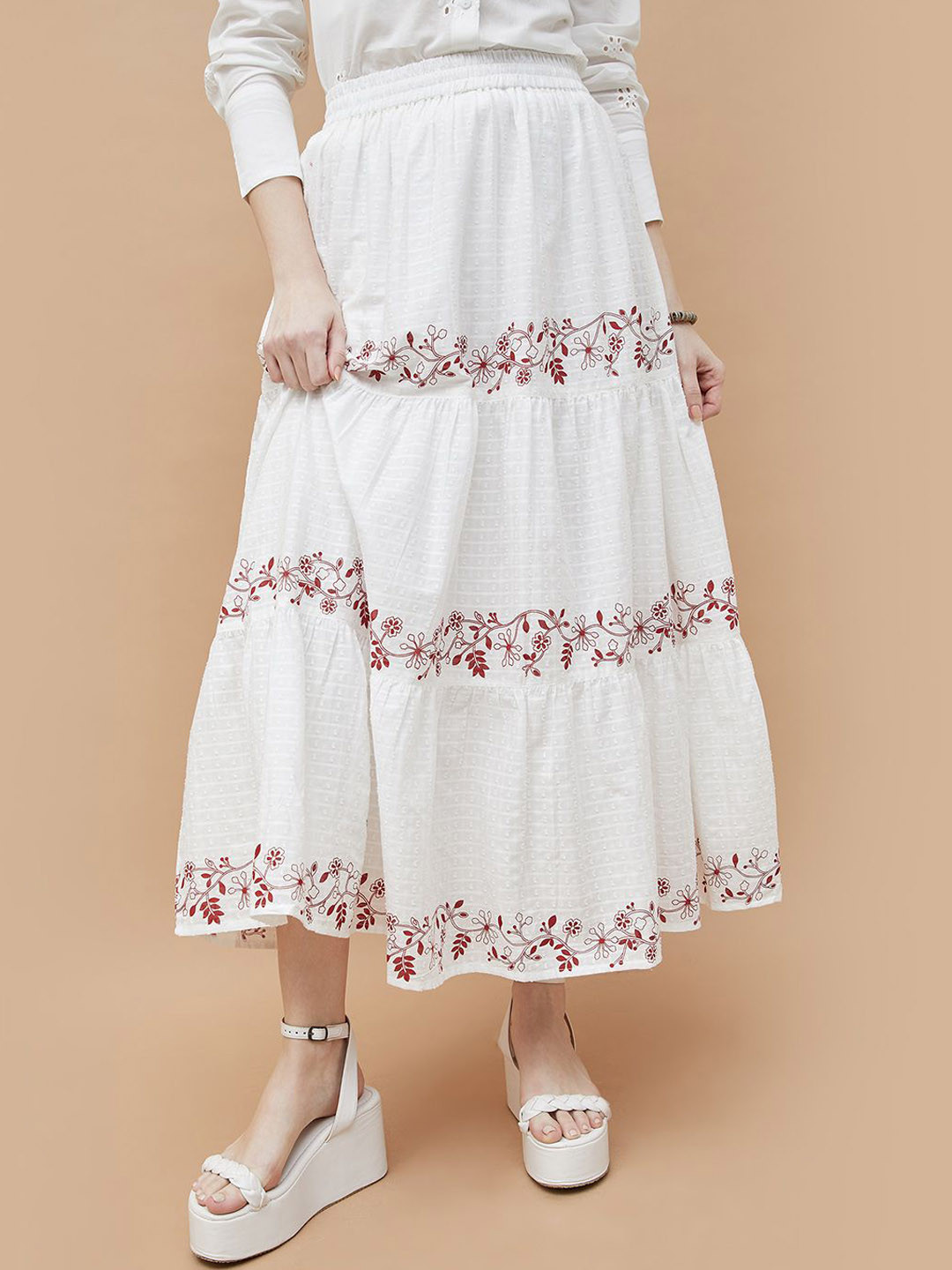 Women’s Multicolor Ikkat Printed Cotton Tiered Skirt