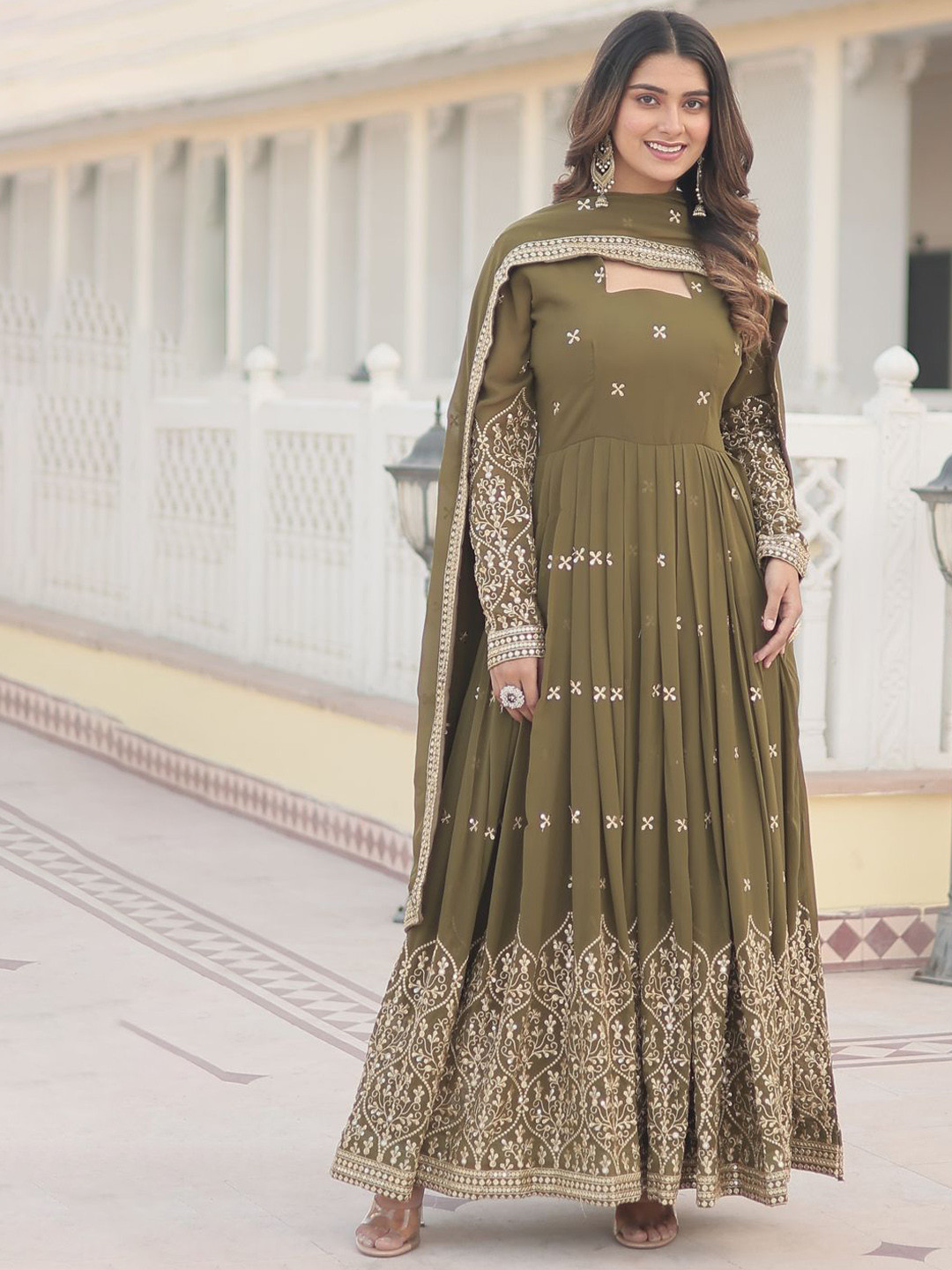 Embroidered Strapless Flared Ethnic Maxi Dress With Dupatta