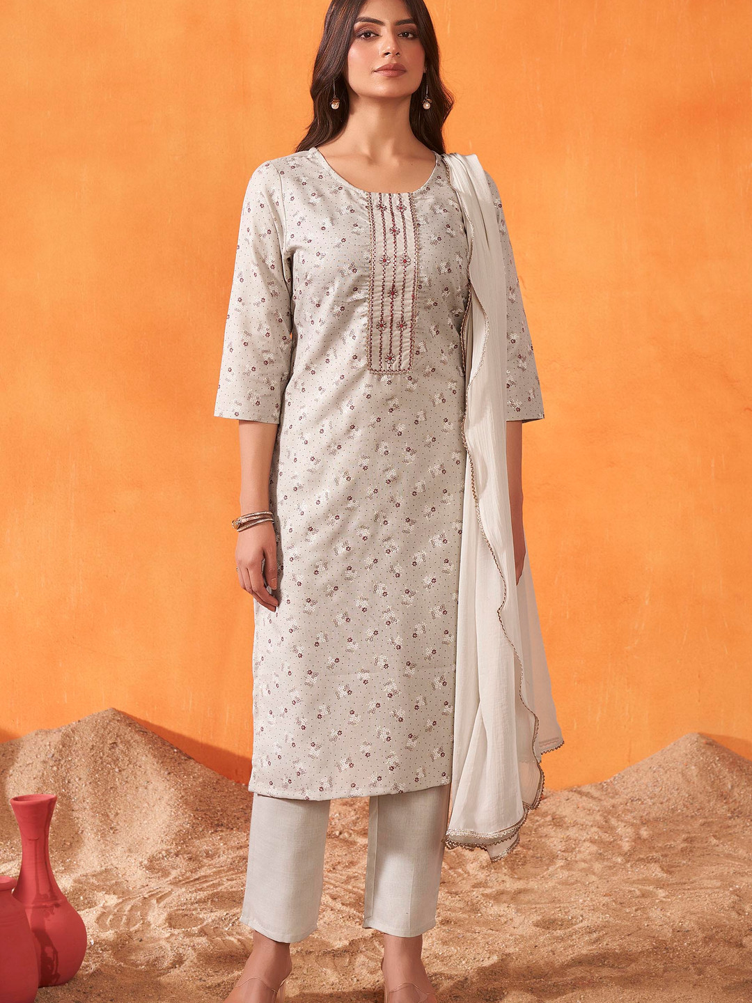 Women Floral Printed Round Neck Thread Work A-Line Kurta With Trousers & Dupatta Set