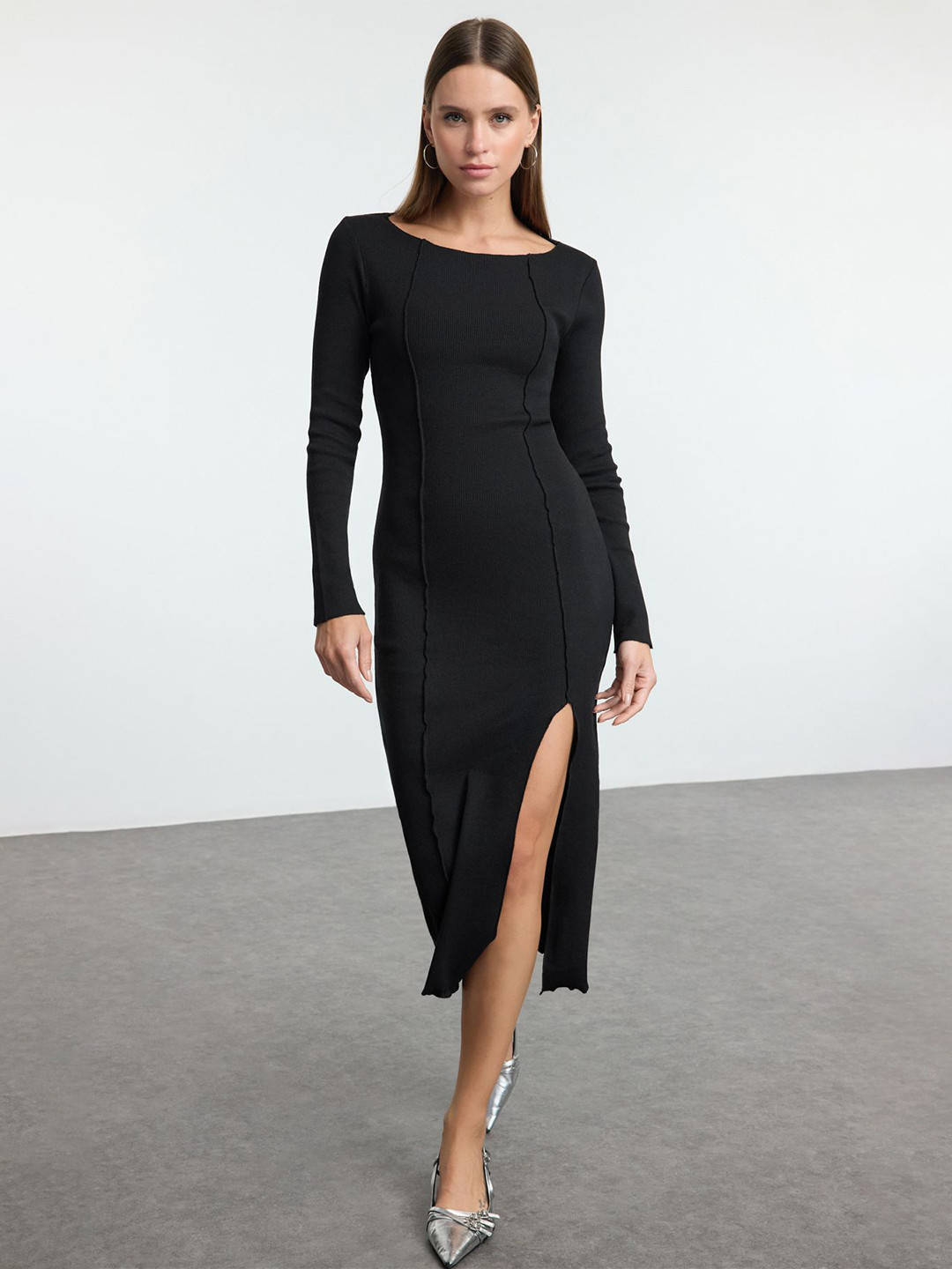 Women's Abstract Grey Bodycon Midi Slip Dress with Side Slit