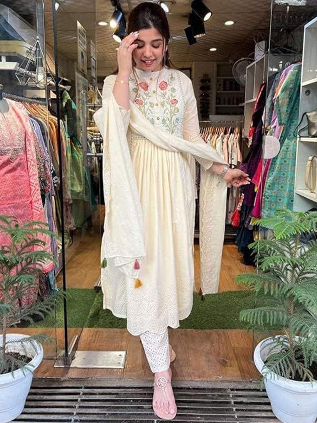 White Embroidered Pure Cotton A-Line Kurta Trousers Set