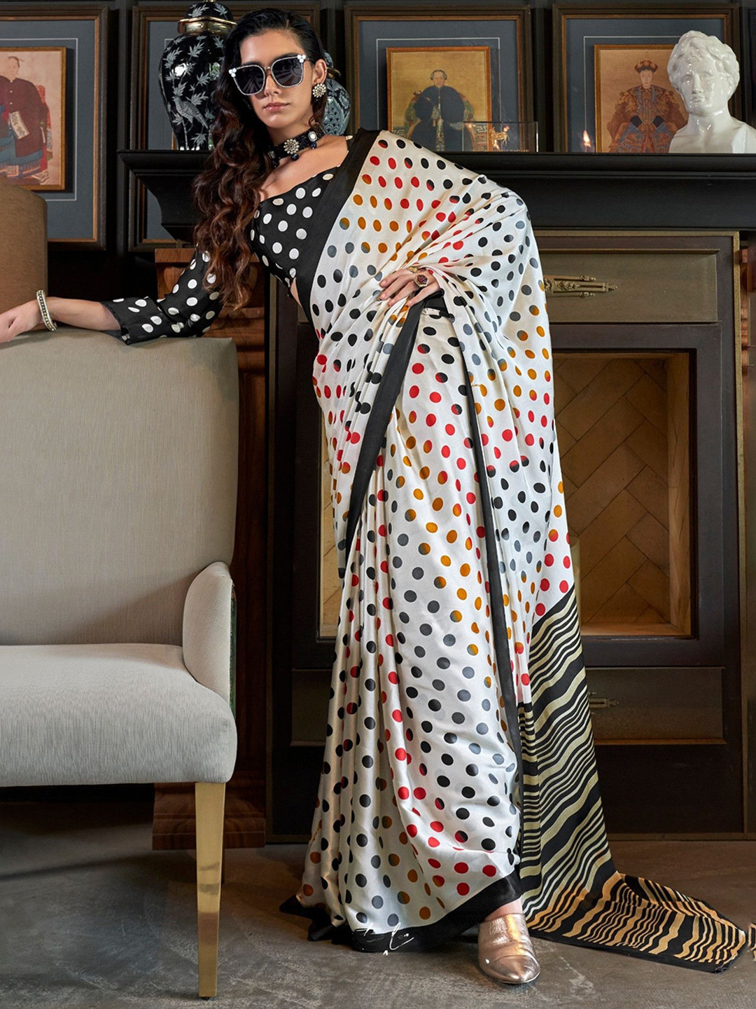 Blue Printed Polka Dots Satin Crepe Saree