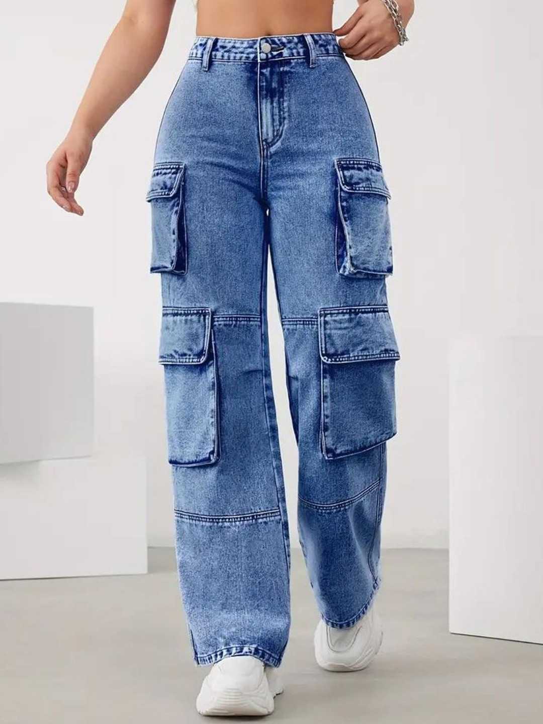Women's Blue Denim Comfort Wide Leg Light Fade Acid Wash Stretchable Jeans