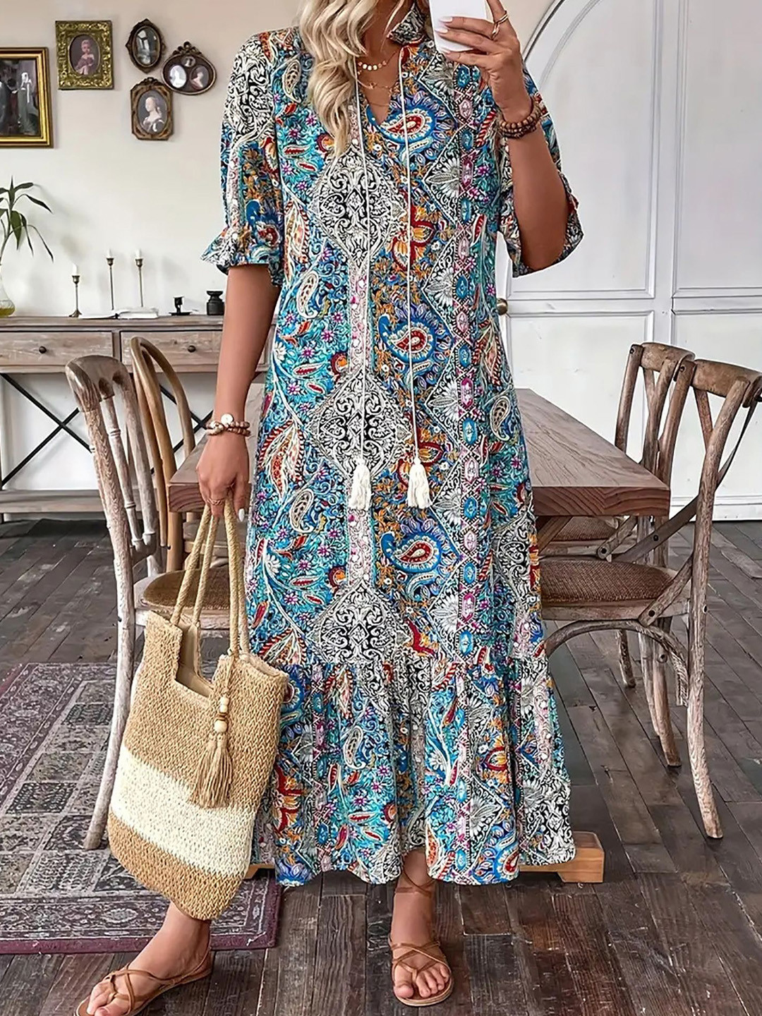 Buy StyleCast X Revolte Ethnic Motifs Printed Bell Sleeve Midi Dress ...