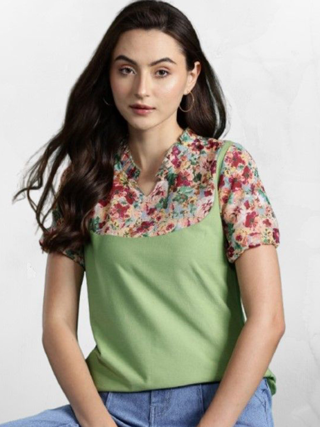 Women’s Floral Embroidered Mandarin Collar Cotton Top