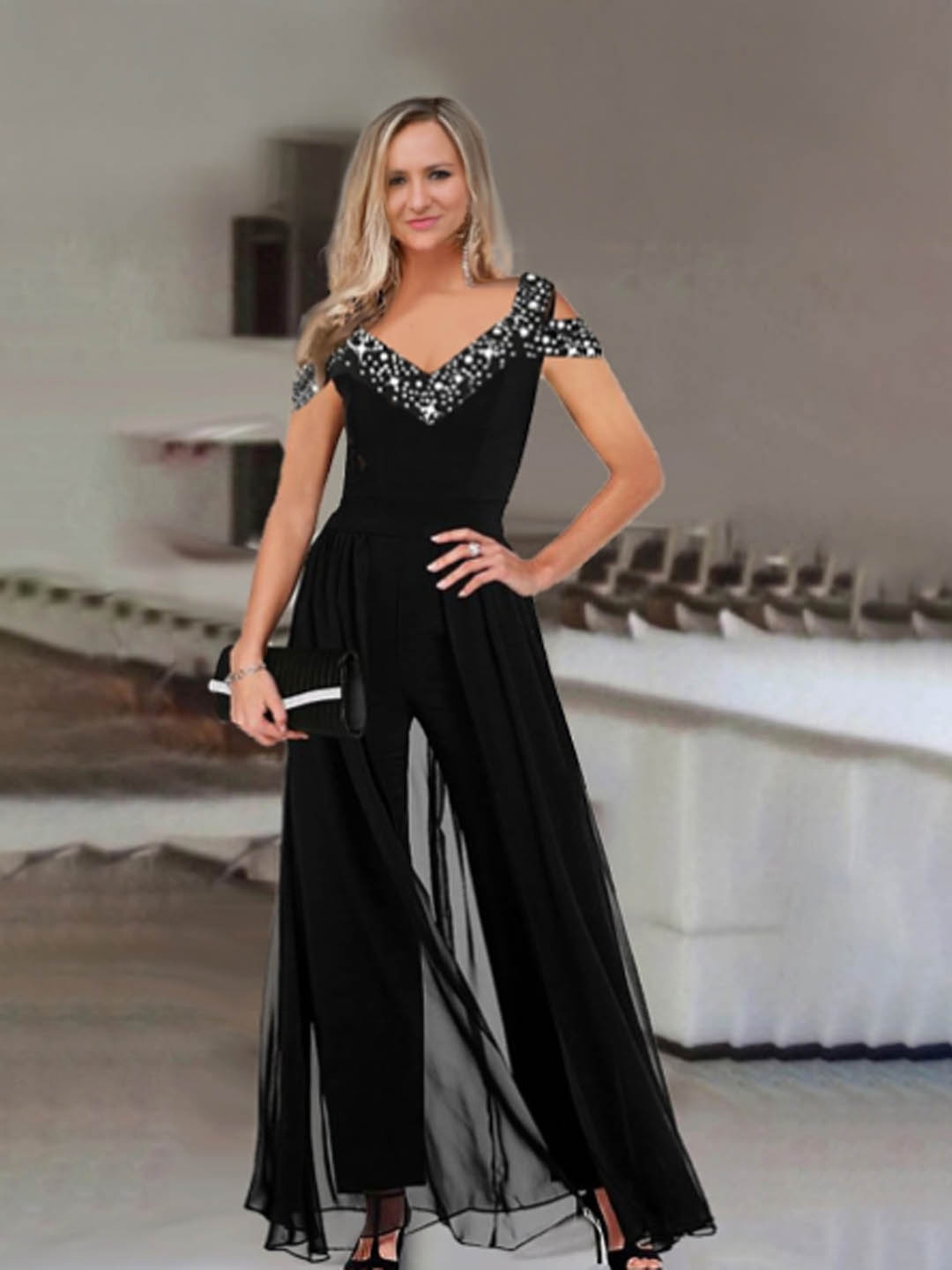 Buy StyleCast Women Cold Shoulder Sleeves Embellished V Neck Maxi Dress ...