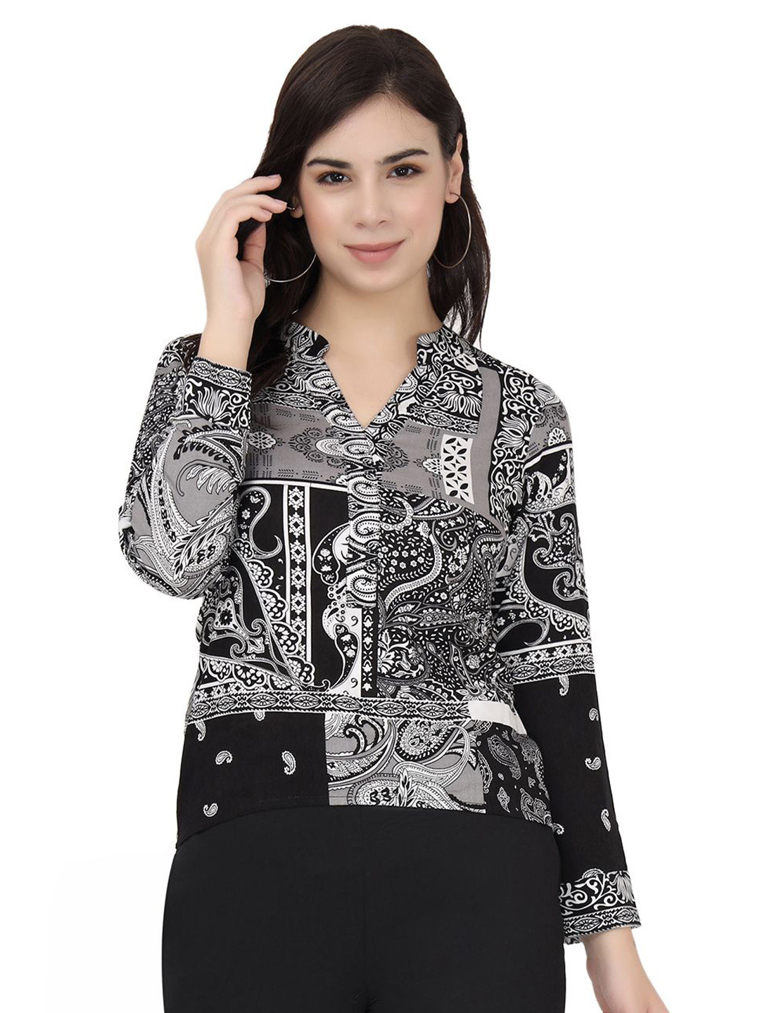 Light Green Tribal Print Tunic With Mandarin Collar & 3/4 Sleeves