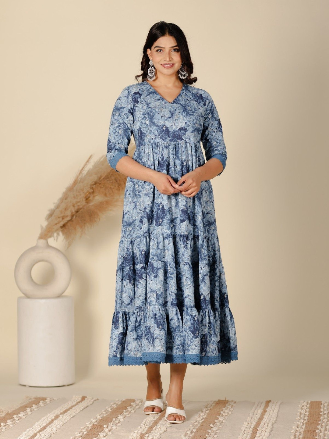 Babyhug Cotton Woven Cambric Frill Sleeves Floral Printed Ethnic Dress with Tassles & Mirror Work - Orange main image 0